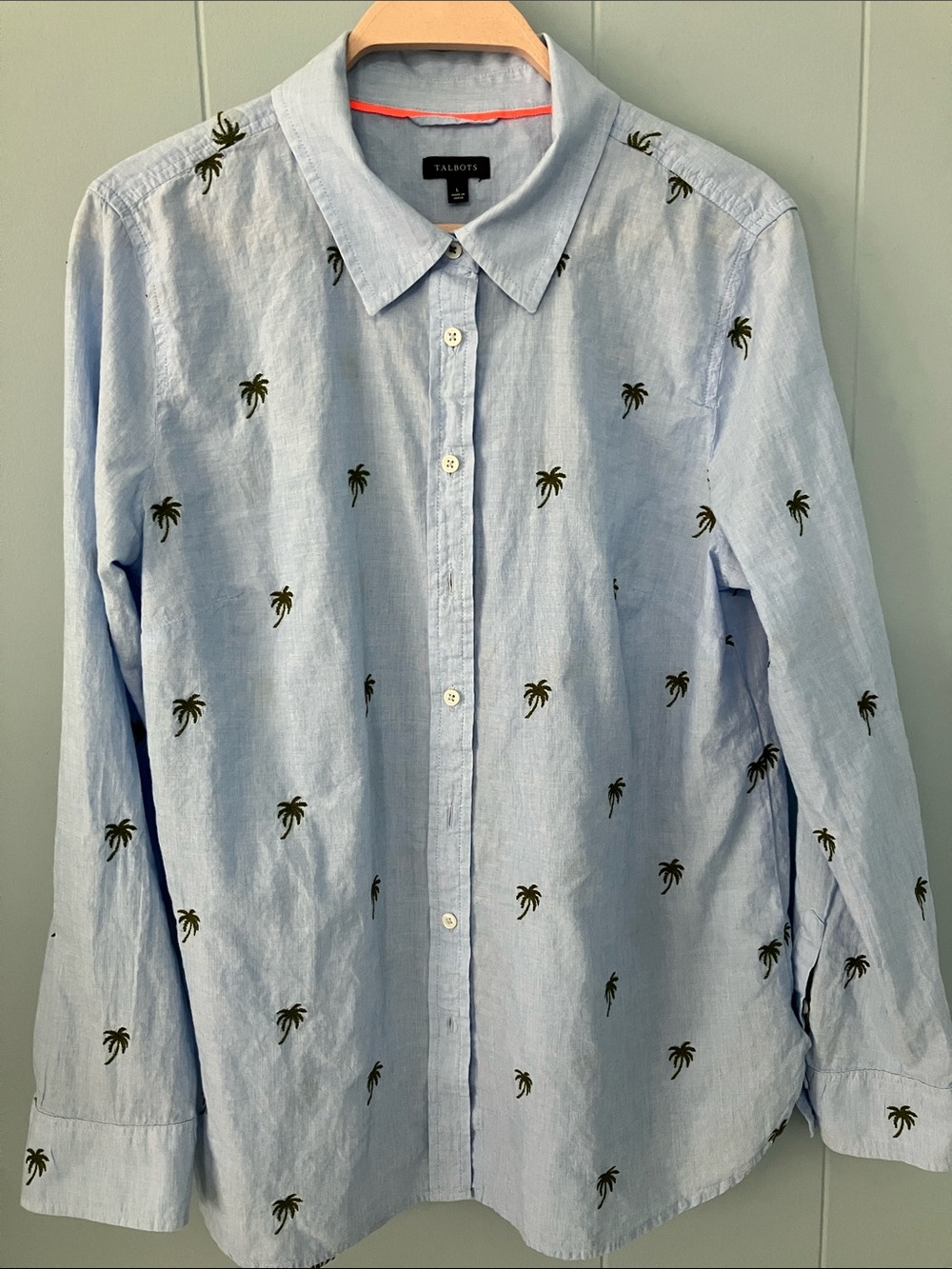 Talbots Light Blue Button-Down Shirt with Palm Tree Embroidery
